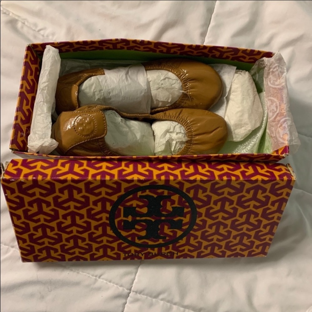 Tory Burch Tan Eddie Patent Leather Ballet Flats